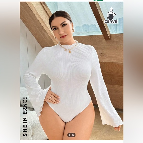 SHEIN Essnce Plus Lettuce Trim Trumpet Sleeve Mock Neck Ribbed Knit Bodysuit - Picture 2 of 4